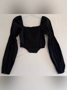Whimsigoth Black Smocked Corset Top Puff Sleeve Blouse XS
